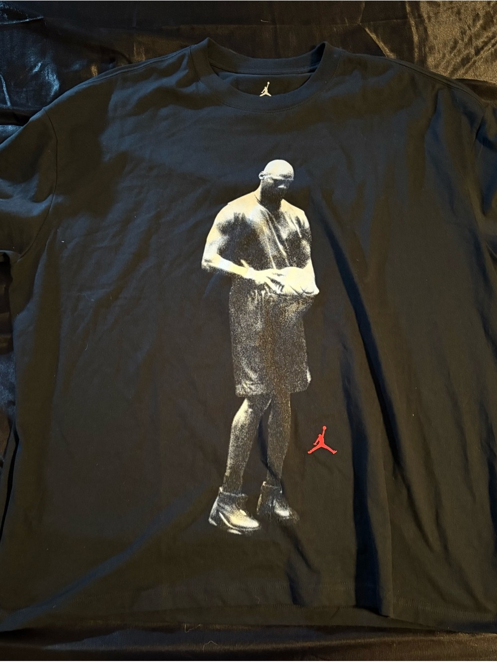 Jordan Black Tee with Monochrome Athlete Graphic and Red Jumpman